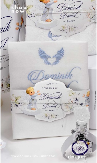 Trusou botez cu ingeri si flori de bumbac personalizat pentru baieti Ingerul Albastru 6